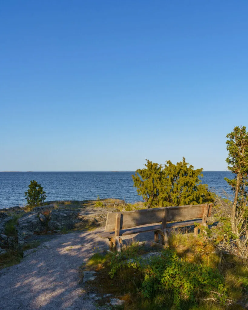 Träbänk med havsutsikt på klipporna vid Ekudden i Valdemarsviks skärgård, omgiven av enar och grönska i kvällssol.