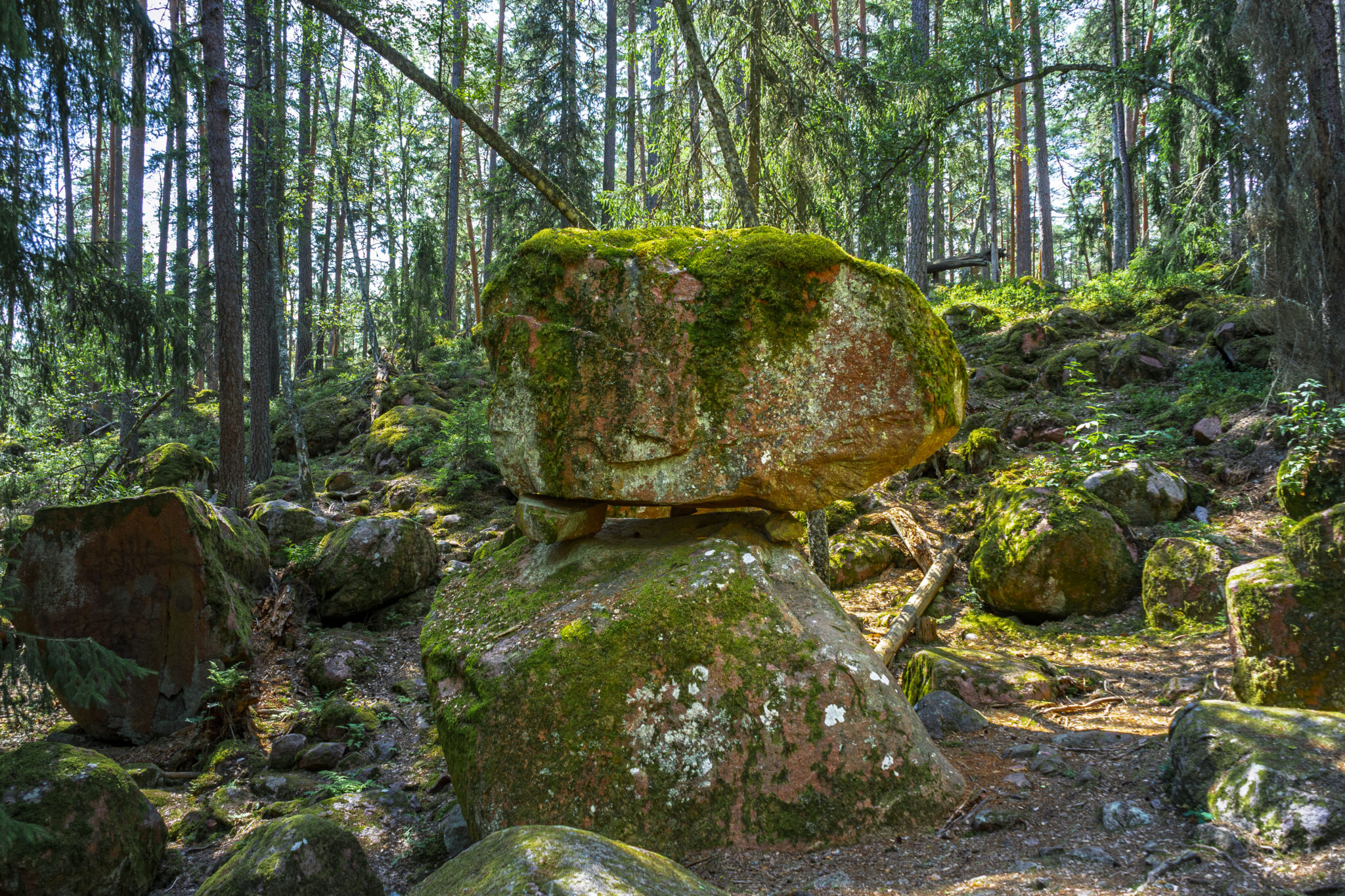 Trollstenen, en stor mossbeklädd sten som balanserar på mindre stenar i en grön barrbskog nära Tranås.