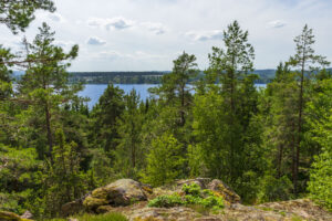 Utsikt över sjön Sommen genom tallskog och lövträd från klippor längs Romanäs västra promenad i Småland.