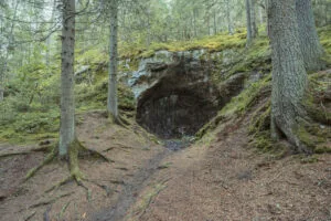 Grottliknande jättegryta i skogsbrant vid Jättegrytorna i Steneby, Dalsland, omgiven av mossbeklädda träd och rötter.